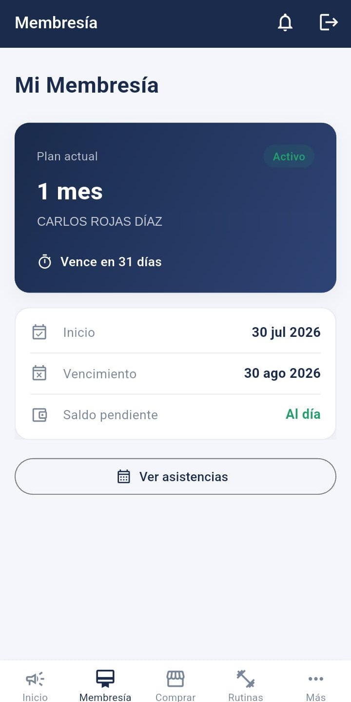 App móvil de XNOXSOFT: membresía del socio con días restantes